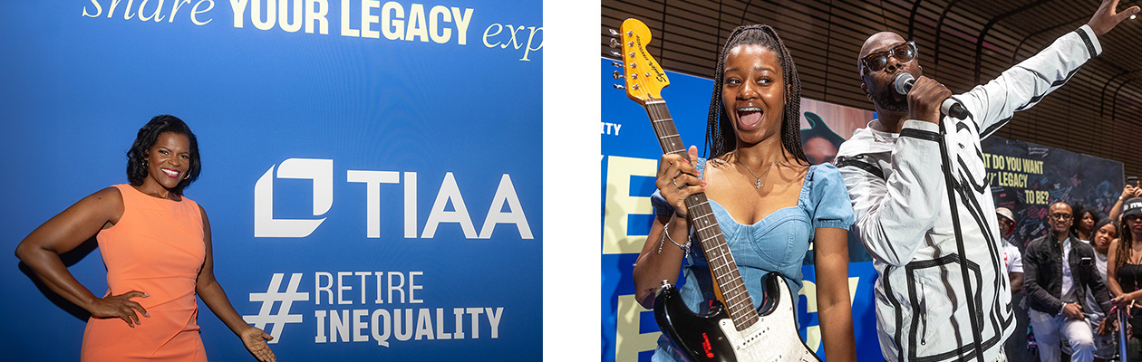 Left: Finance expert Lynnette Kalfani Cox in an orange dress, smiling with her hand on her hips and gesturing to a backdrop that says “Share your legacy” and features the TIAA logo with #RetireInequality Right: Wyclef Jean is holding a microphone on stage with his hand in the air. He is next to a smiling Black woman with braces, braids in a high ponytail, wearing a denim dress and holding a custom black and white guitar with red lettering and Wyclef’s signature. There are people off-stage in the background. 