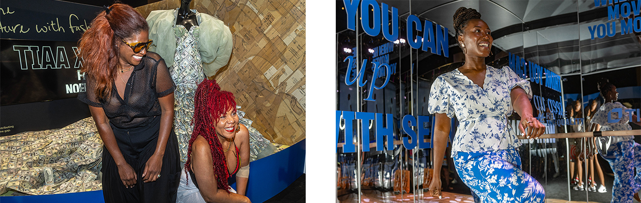 Left: Womenswear designer Fe Noel, dressed in a mesh, black top and black bottoms, is laughing next to a crouching woman with red locs in front of a mock atelier, featuring a dress made of money and poofy green shoulders. Right: A Black woman wearing white and blue floral top and bottoms is dancing inside of a mirrored dance studio with vinyl graphics on the walls. The blue graphics “Think you can keep up with Sean?”. The white floor decals read “Jump in and start small”. 